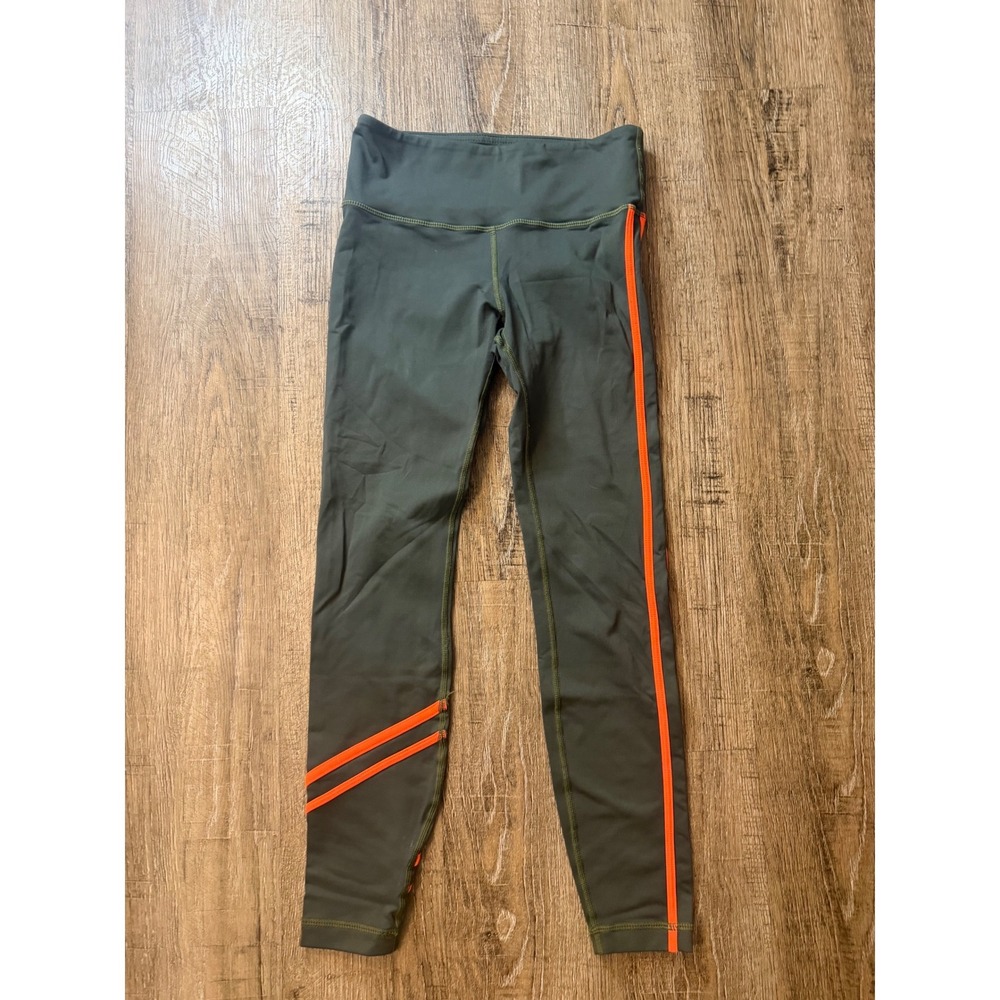 VIMMIA Womens Activewear Leggings Small Olive Green Orange Stripe High Rise EUC